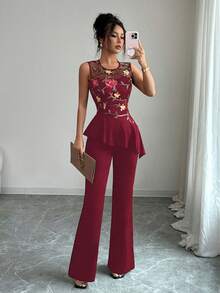 SHEIN Elenzya Women's Fashion Casual Elegant Collared V-Neck Sleeveless Top And Straight Leg Satin Pants 2-Piece Set - Red - View 4