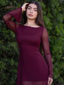 Andrea Bello Women's Elegant Sexy Mini Skirt, Olive Green Boat Neck Flare Sleeve Cinched Waist A-Line Mini Dress,Dresses For Women Elegant,Red Dress,Christmas,New Year Dress Party - Burgundy - View 4