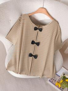 CosyJoli Plus Size Women Summer Casual Versatile Striped Loose Round Neck T-Shirt , Bowknot Back Short Sleeve Top - Khaki - View 1
