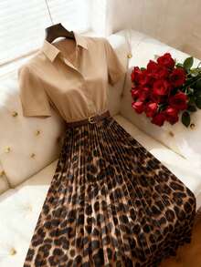 Franclia Commuter Outdoor Shirt Collar Cinched Waist Leopard Print Cinched Waist Women's Mid-Length Dress - Multicolor - View 3