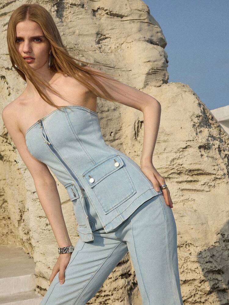 ZIP-UP TUBE DENIM TOP, SPRING/SUMMER