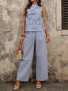 Ellevyn 2件套 女士经典圆领蓝白条纹3D立体花卉阔腿裤 - 藍白色 - 查看 6