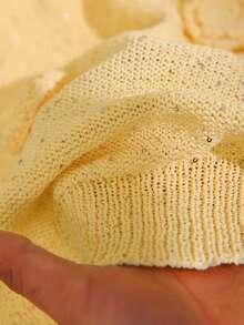 CosyJoli Áo len tay ngắn cỡ lớn đính sequin họa tiết hoa 3D, thích hợp cho mùa xuân/hè. - Màu vàng - Xem 7