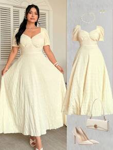 Celure Vestido de mujer de talla grande con cuello cuadrado, mangas abullonadas y diseño de cintura, de tela texturizada - Amarillo claro - Ver 1