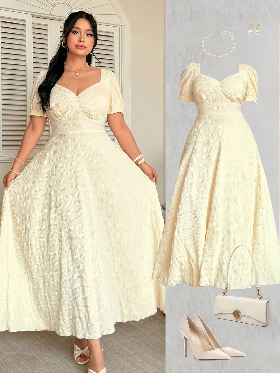 Celure Vestido de mujer de talla grande con cuello cuadrado, mangas abullonadas y diseño de cintura, de tela texturizada - Amarillo claro - Ver 1