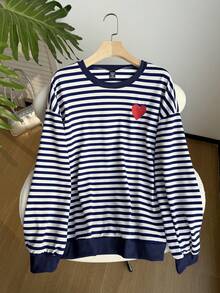SHEIN EZwear 大码休闲藏蓝色条纹爱心刺绣卫衣，秋季款 - 藏蓝色 - 查看 1