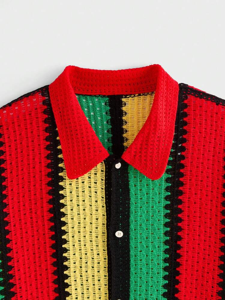 EASEVO Plus Size Men's Colorful Striped Print Front Button Short Sleeve Cardigan - Multicolor - View 6