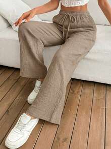 EURMUSE Quần ống rộng họa tiết có túi rút eo dành cho nữ, mặc thường ngày - Màu be - Xem 4