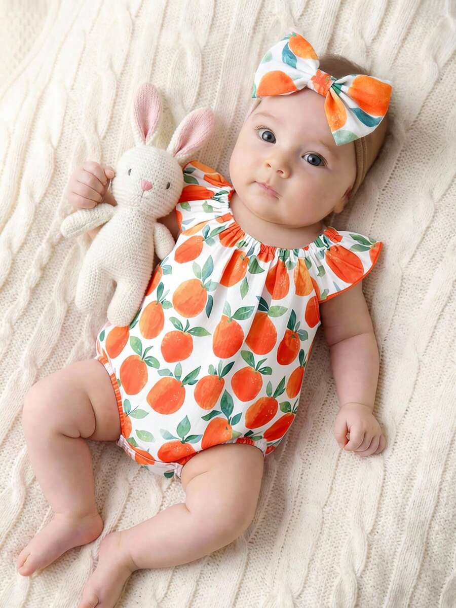 SHEIN Vintaside Kids 新生儿水果印花连体衣，可爱甜美蝴蝶结发带，夏季 - 橘色 - 查看 1