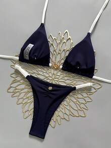 Swim Mod Bộ bikini hai mảnh dành cho nữ, chất liệu vải gân, trang trí kim loại, cổ chữ V, dây buộc cổ, hở lưng, kiểu tam giác, xếp ly, thích hợp cho mùa xuân/hè. - Màu xanh hải quân - Xem 3
