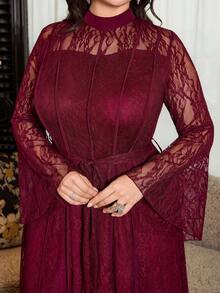 Modelyn Elegant Solid Color Lace Long Sleeve Cinched Waist A-Line Plus Size Dress, Suitable For Spring And Summer Fall - Burgundy - View 1
