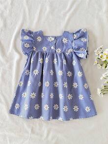 SHEIN Vintaside Kids Toddler Girls Multicolor Short Flared Daisy Plaid Dress With Ruffle Flounce Sleeves - Multicolor - View 2