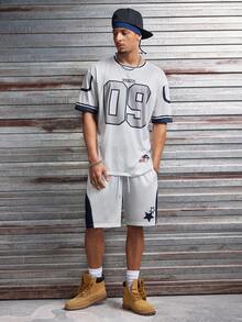 AXEPEAK 2pcs Men's Loose Numeric Print T-Shirt & Drawstring Shorts Set,White Summer Streetwear Gym Hip Hop Short Sleeve Casual Graphic Letter Two Pieces Set - Multicolor - View 3