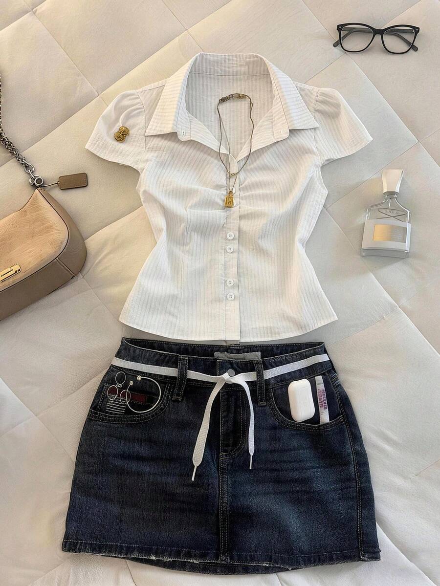 Blusa casual y versátil con rayas y unicolor con pliegues - Blanco - Ver 1