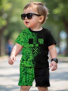 Bộ đồ thường ngày cho bé trai mùa xuân và hè, phong cách sáng tạo, cá tính, tươi mới, đơn giản với họa tiết kẻ caro hình học phối hợp, áo thun ngắn và quần short in hình đồ họa, thoải mái và ấm áp. - Nhiều màu - Xem 3