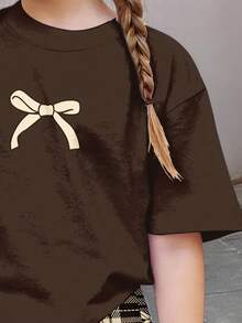 SHEIN Young Girl Summer Casual Commute Butterfly Print Loose Fit Round Neck T-Shirt And Plaid Shorts Set - Multicolor - View 5