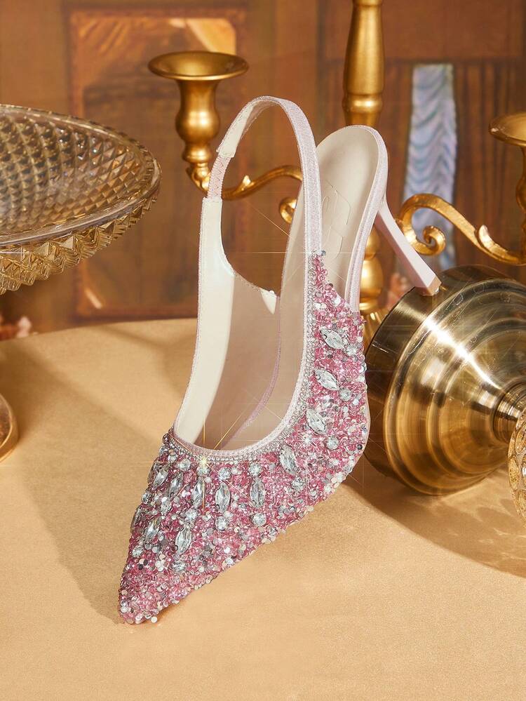 CUCCOO TILAWA Women Shoes Women's Fashion Pointed Metal Rhinestones Sparkling Evening Wedding Lightweight Daily Commuter Party Wind Outdoor Pedal Stiletto High Heel Shoes
