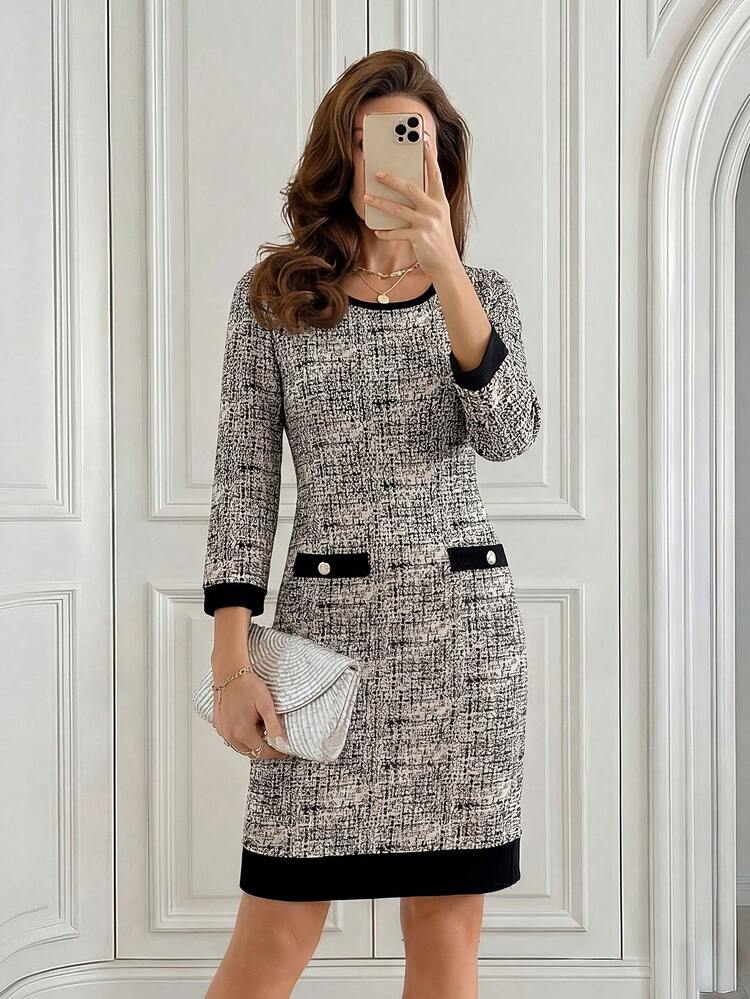 Women's Elegant Plaid Round Neck 3/4 Sleeve Button Design Short Dress, Autumn