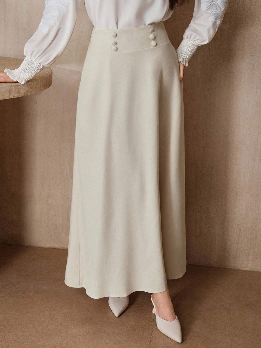 Graceveil Chân váy nữ màu trơn, có cúc cài, dáng xéo, thanh lịch - Màu be - Xem 1
