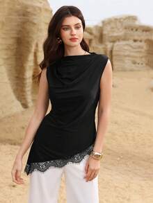 Mulvari Black Elegant Ruffled Collar Lace Patchwork Asymmetrical Fitted Sleeveless Top For Women - Black - View 7