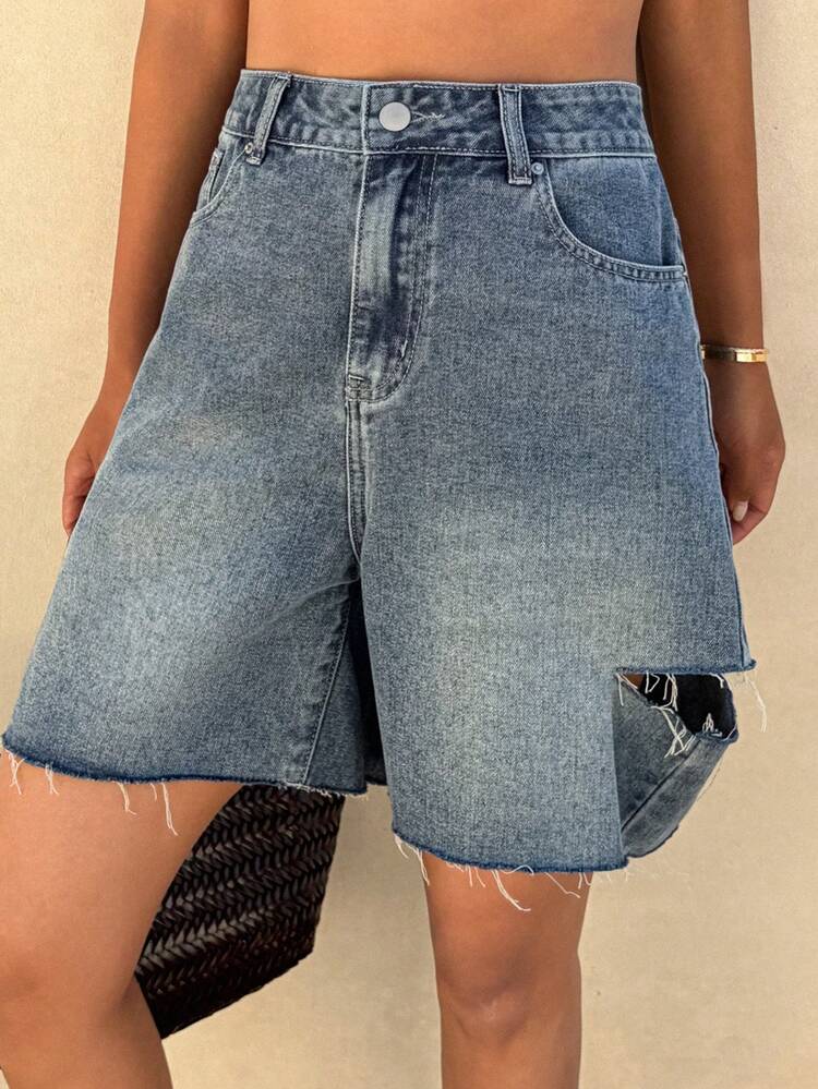Western Cowgirl Distressed Loose Wide Leg Jeans, Casual Summer Women Denim Shorts Jorts