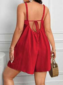 EMERY ROSE Plus Size Women's Summer Solid Color Simple Daily Wear Romper With Straps Short Summer Dresswomen Romperblack Dress Shortromper Dressshort Jumpsuit - Red - View 1