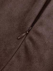 Sweetra Plus Size Vintage Suede Skirt, Elastic Waist Asymmetrical Hem A-Line Skirt, Spring/Autumn - Rust Brown - View 7