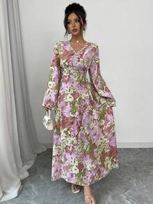 Al Najma 女士印花V领贴花长袖阿拉伯连衣裙 - 彩色 - 查看 4