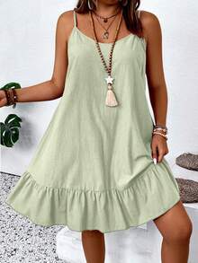 Breezaya Plus Size Solid Color Spaghetti Strap Ruffle Pleated Loose Summer Sleeveless Dress - Limelight Green - View 3