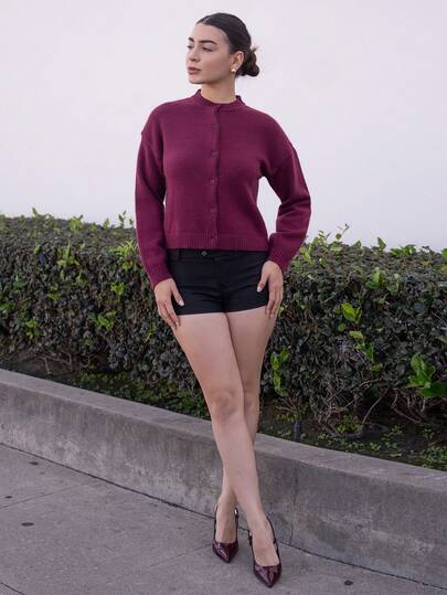 Andrea Bello كارديجان محبوك أحادي اللون بتصميم بسيط للنساء