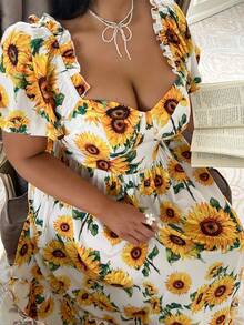 Lyrianda Modest Plus Size Sunflower Print Dress, Suitable For Spring/Summer Vacation - Multicolor - View 5