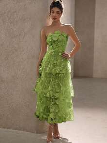 BELROSIE Solid Color Luxurious High-End Party Floral 3D Strapless Dress, Suitable For Spring And Summer, Valentine's Day - Green - View 5