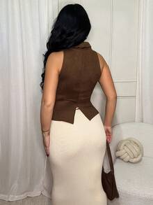 Dayanna Comas Women's Vest With Back Slits, Suede Fabric, High Collar, Brown And White, Women's Tops, Cute BOHO Tops Women High Neck Loose Casual Solid Color Tank Top Fall Tops Winter Tops Fall Clothes For Women Winter Clothes For Women Fall Outfits For Women Winter Outfits For Women Christmas Clothes Business Casual Woman Office Outfits For Women - Brown - View 2