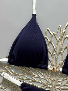 Swim Mod Bộ bikini hai mảnh dành cho nữ, chất liệu vải gân, trang trí kim loại, cổ chữ V, dây buộc cổ, hở lưng, kiểu tam giác, xếp ly, thích hợp cho mùa xuân/hè. - Màu xanh hải quân - Xem 4