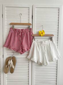 SHEIN EZwear 2 chiếc quần short nữ kẻ caro và màu trơn, thắt eo, xếp ly, kiểu dáng ngọt ngào dễ thương. - Nhiều màu - Xem 5