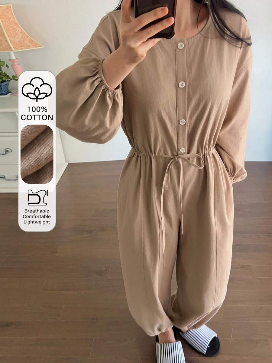 DAZY Combinaison ample pour femme avec manches lanternes et taille resserrée, couleur unie minimaliste, tenue de détente - Camel - Voir 1