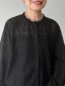 FRIFUL Women's Solid Color Sheer Lace Textured Fabric Collar Splice Lace Trim Long Sleeve Loose Casual Versatile Blouse, Spring/Summer - Black - View 8