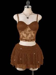 SHEIN ICON Plus Size Ruched Tie-Up High Slit Layered Glitter Mesh Mini Skirt - Brown - View 3