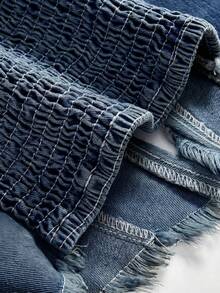 ROMWE Hippie Áo denim cổ yếm màu trơn dành cho nữ, có viền tua rua - Rửa trung bình - Xem 3