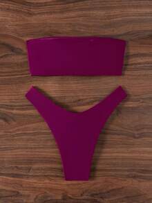Swim Chiccia Women's Summer Beach Solid Color Bandeau Bikini Swimwear Set - Red - View 2