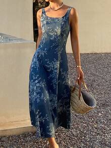 DAZY 无袖牛仔连衣裙，女士方领收腰长款牛仔连衣裙 - 藍色 - 查看 6