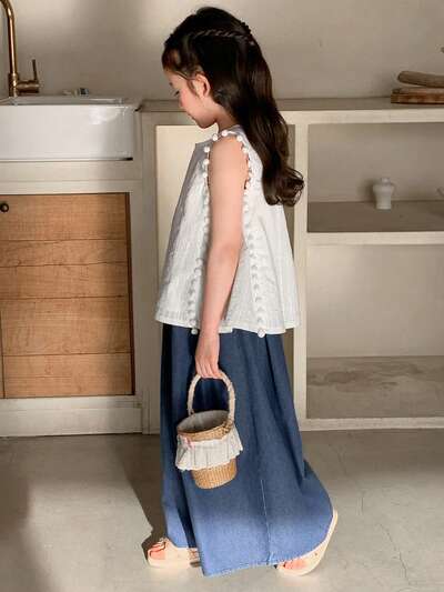 Young Girl Round Neck Solid Color Pom Pom Trim Vest And Wide Leg Jeans Casual Outfit Summer