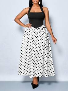 SOLERSUN Plus Size Women's Dresses, Sexy And Elegant, Suitable For Commuting, Vacations, Beach Parties, Valentine's Day, Spring/Summer, Retro Chic, Minimalism, AU Girly Au Beachweekend Black And White Color-Blocked Halter Neck, Polka Dot Faux Linen Fabric - Black - View 2