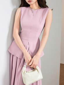 Heiryn Women's Elegant Sexy Minimalist Slit Top And Pleated Skirt 2 Pieces Set, Summer Golf Pastal - Pink - View 6