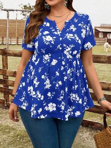 EMERY ROSE Plus Size Women Floral Print Notch Neck Short Sleeve T-Shirt, Vacation, Boho Bohemian Summer - Royal Blue - View 4