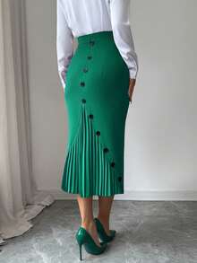 Elenzga Women's Elegant Fitted Pleated Pencil Skirt - Dark Green - View 3