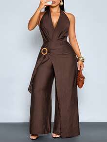 SOLERSUN 大码女式休闲度假风苎麻混纺纯色露背V领裹身连体裤，适合日常穿着、通勤、工作或海滩度假。时尚通勤之选 - 棕色 - 查看 8