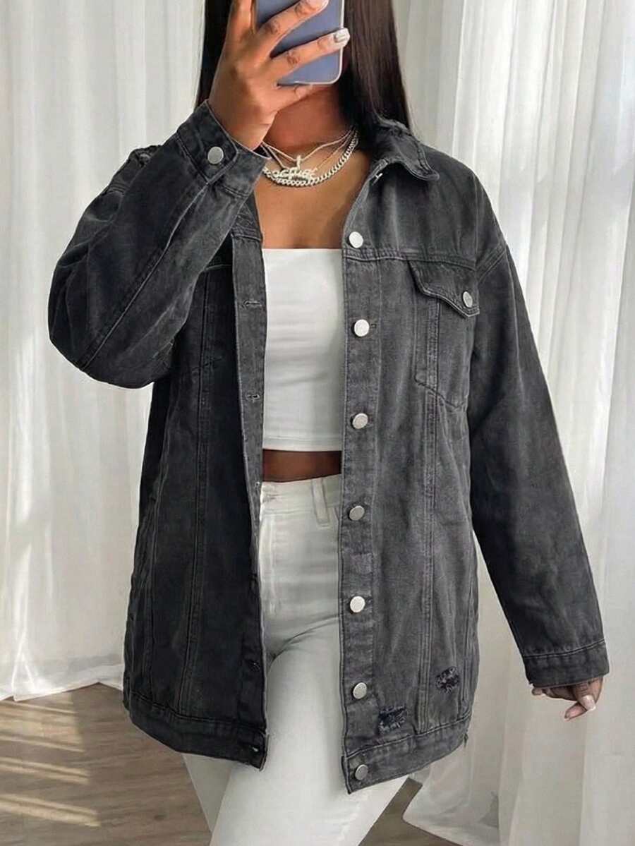 SHEIN ICON Plus Size Solid Color Front Button Pocket Casual Long Sleeve Denim Jacket - Black - View 1