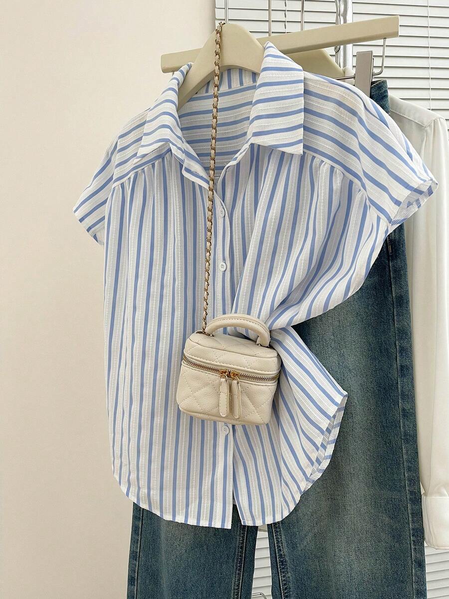 GlowEve Áo kiểu nữ tay ngắn mùa hè mới, thanh lịch, thiết kế kẻ sọc. - Màu xanh lam - Xem 1