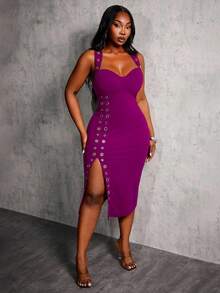 SHEIN SXY Vestido de fiesta sexy y elegante para mujer de talla grande, con tirantes anchos, decoración de ojales en el corpiño, vestido negro ajustado con abertura alta - Morado - Ver 7